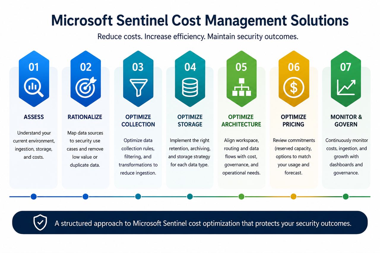Microsoft Sentinel cost management solutions process: assess, rationalize, optimize collection, optimize storage, optimize architecture, optimize pricing, monitor and govern