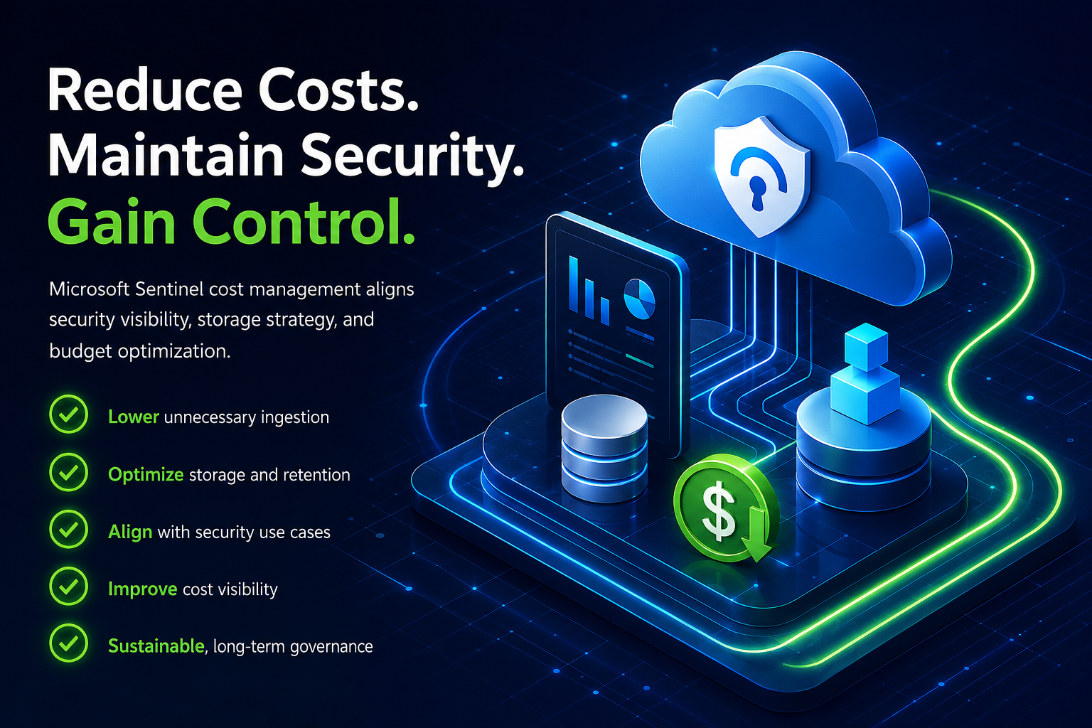 Reduce costs, maintain security, gain control - Microsoft Sentinel cost management illustration