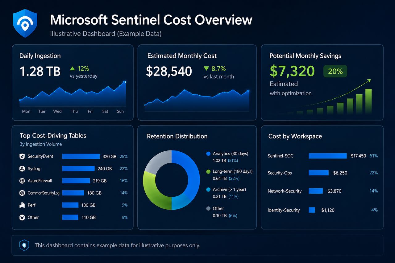 Illustrative Microsoft Sentinel cost overview dashboard with daily ingestion, estimated monthly cost, potential savings, top cost-driving tables, retention distribution, and cost by workspace