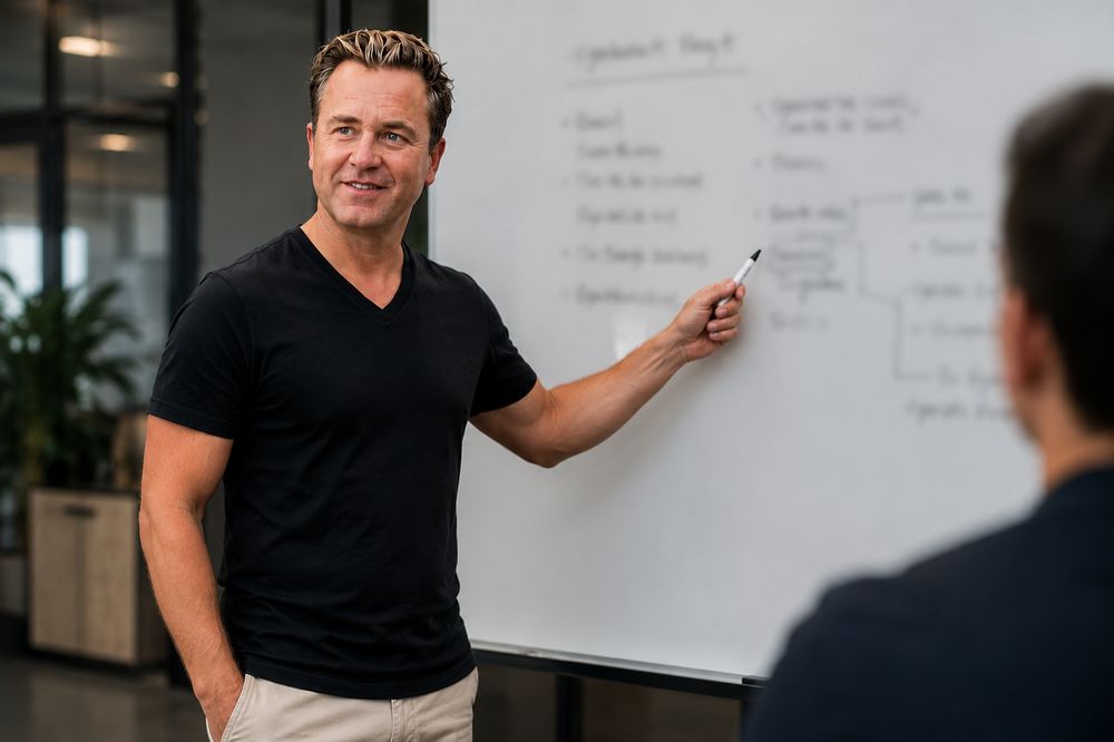 Founder mapping out a strategy on a whiteboard